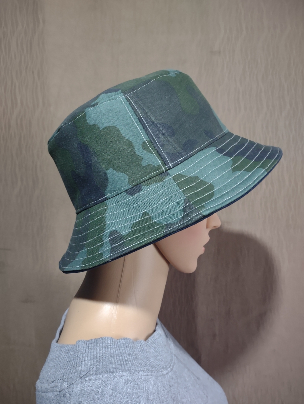 Handmade Upcycled Reversible Navy & Green Camo Bucket Hat - Picture 3 of 13